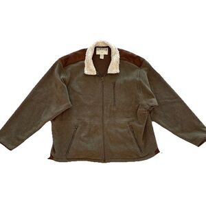 Orvis Men’s XXL Green Full Zip Jacket Brown Suede Trim Cream Fleece Collar 2XL